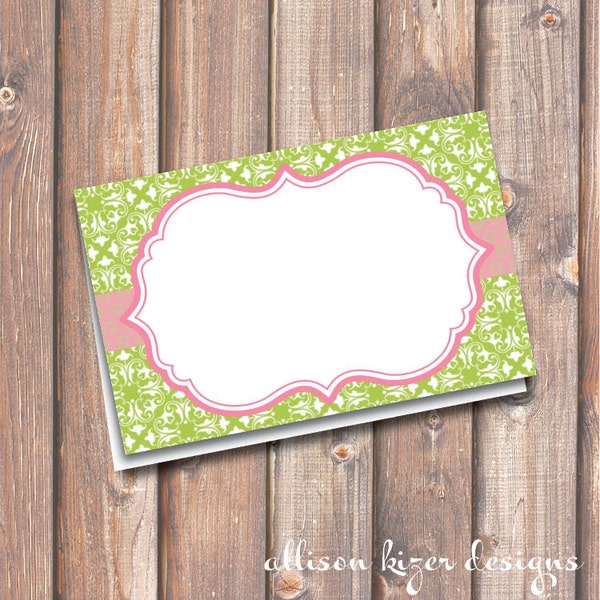 Pink and Lime Green Place Cards Tea Party Baby Tea Garden Party Printable Food Tags or Placecards 3.5 x 2.25" Tent-Style - INSTANT DOWNLOAD