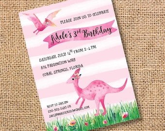 May include: Pink and white striped birthday invitation with a pink dinosaur and a pink pterodactyl. The invitation says "Please join us to celebrate Adele's 3rd Birthday" and includes the date, time, address, and RSVP information.