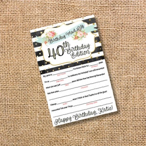 Birthday Mad Libs Custom Floral Black & White Personalized 30th Birthday 40th Bday 50th Party Watercolor Stripes 60th 70th 80th 90th Adult