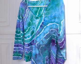 Hand dyed geode shirt, Women's tie dye v neck long sleeve shirt, Ice Dye Watercolor Mermaid Teal and Purple Agate Top, size large