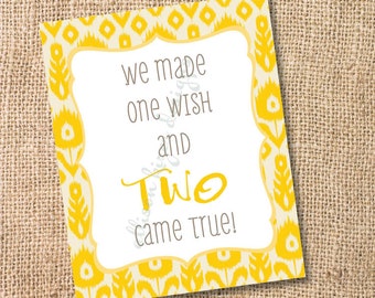 Boho Yellow Ikat Twins Nursery Art - We Made One Wish and Two Came True - Boy Girl Twins Nursery Printable Art - INSTANT DOWLOAD