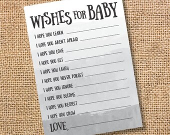 Wishes for Baby Gray Ombre Printable Baby Shower Baby Boy Twins Gender Neutral Grey Watercolor Baby Wishes Advice Card Gray INSTANT DOWLOAD