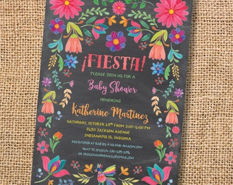 Fiesta Floral Baby Shower Invitation Watercolor Mexican Floral Bridal Shower Invite Chalkboard Bright Flowers Birthday Going Away Party