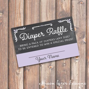 Chalkboard Purple and Gray Baby Shower Diaper Raffle Tickets Lavender Diaper Raffle Cards Baby Girl Twin Girls - INSTANT DOWNLOAD