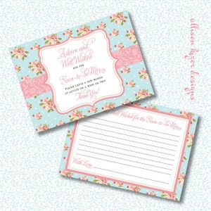 Cartões de conselhos e votos de felicidades para impressão no Jardim Inglês para a futura noiva Jogo de chá de panela para impressão Aqua & Pink Floral - DOWNLOAD INSTANTÂNEO