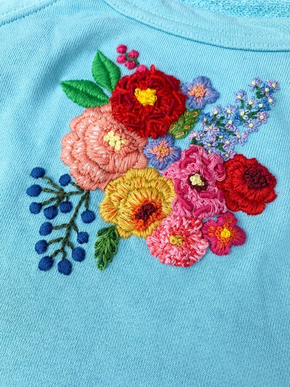 Aqua Floral Hand Embroidered Sweatshirt Handmade Ladies Size Small
