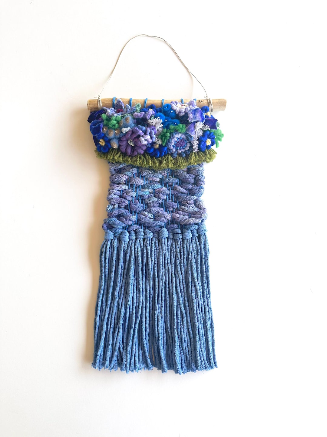 Bluebonnet Blue and Purple Floral Wall Hanging Boho Woven Flower Art ...