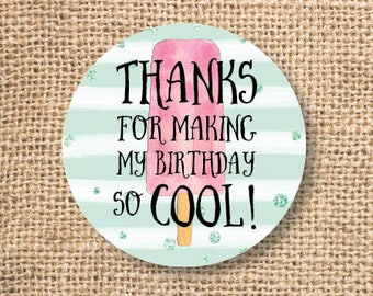 Popsicle Birthday Favor Tags Printable Girl Ice Cream birthday favor Pink Mint Stripes Thank You Tag Pool Party Summer INSTANT DOWNLOAD