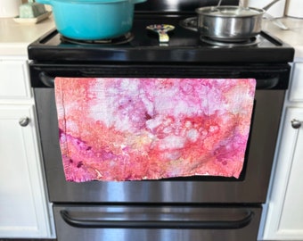 Hand dyed tea towel Tie dye flour sack towel Ice dye kitchen towel Colorful Coral Purple Watercolor