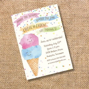 Ice Cream Twins Birthday Invitation Boy Girl Party Double Scoop Invite Ice Cream Cone Baby Shower Watercolor First Birthday Summer Printable