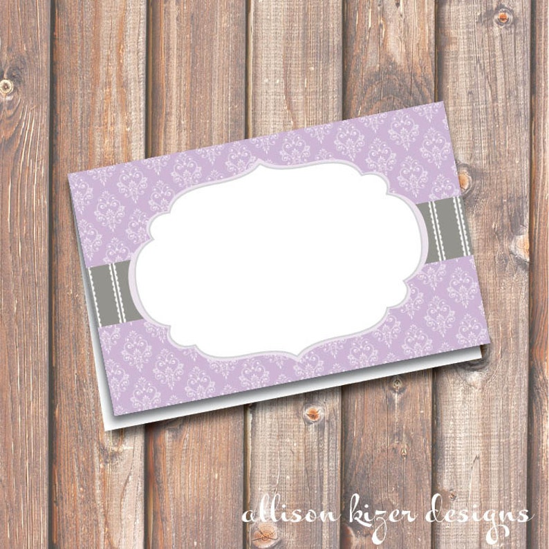 INSTANT DOWNLOAD Lavender Elegant Place Cards Damask Purple and Gray Florence Printable Food Tags or Placecards 3.5 x 2.25 Tent-Style