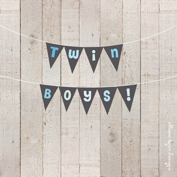 Twin Boys Baby Shower Printable Banner Blue and Gray Twin | Etsy