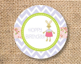 Bunny Favor Tags First Birthday Girl Easter Chevron Hoppy Birthday Printable DIY Cupcake Toppers Pink Rabbit Birthday Party INSTANT DOWNLOAD