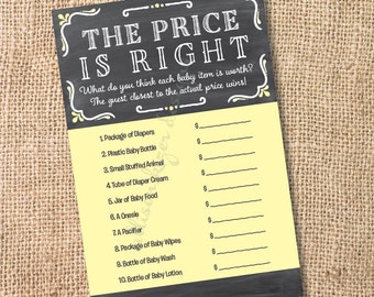Chalkboard Yellow Baby Shower Game Price is Right Yellow and Gray Printable Baby Shower Price is Right Game Baby Boy Twins, INSTANT DOWNLOAD
