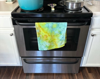 Hand dyed tea towel Tie dye flour sack towel Ice dye kitchen towel Colorful Lime Aqua Neon Pop