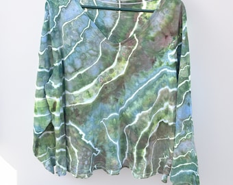 Hand dyed geode shirt, Women's tie dye v neck long sleeve shirt, Ice Dye Watercolor Green and Teal Agate Top, size 2XL