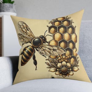 Bee-Inspired Decorative Pillow, Boho Home Decor, Bee Lover Gift, Vintage Botanical Cushion, Nature-Inspired Throw Pillow