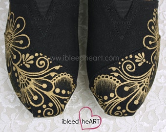 Gold Henna Flower Custom Painted TOMS Shoes - Flower Girl - Whimsical Flowers - Bohemian Shoes - Gold Mehndi - Hand Painted
