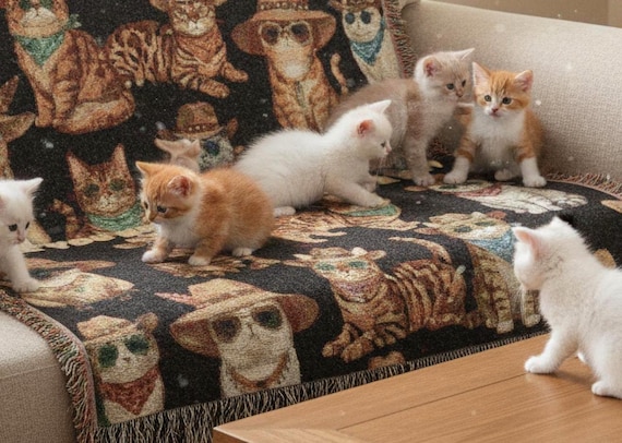 Woven Blanket Cotton Throw Colorful Fringe Wall Hanging Couch Cat Lover Blanket Home Decor Cat Theme Gift Idea