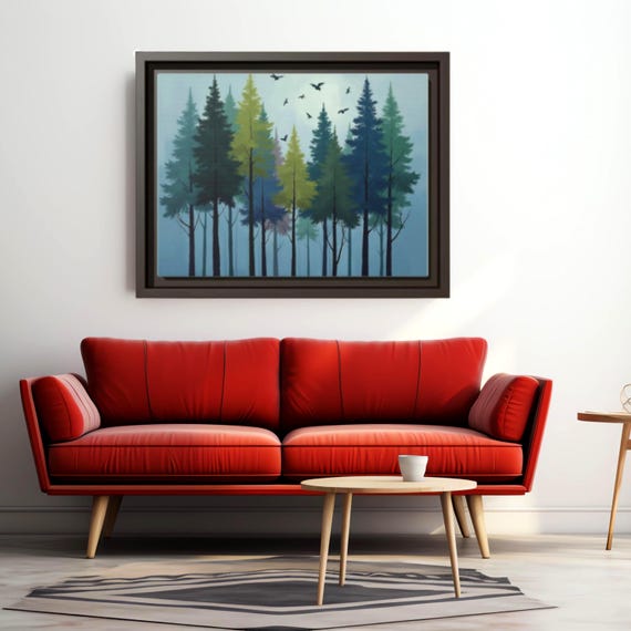 Forest Wall Art Nature Lover Bedroom Decor Woodland Theme Rustic Decoration Evergreen Trees Bird Silhouette Mountain Pine Green Landscape