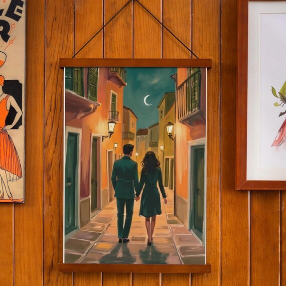Romantic Couple Night Painting European Street Art Print Large Wall Decor Bedroom Engagement Couple Moon Nighttime