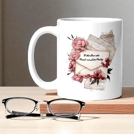 Poetry Ceramic Mug Literary Coffee Custom Text Romantic Quote Gift Bookworm Idea Poetry Lover Music Note Design Floral Vintage