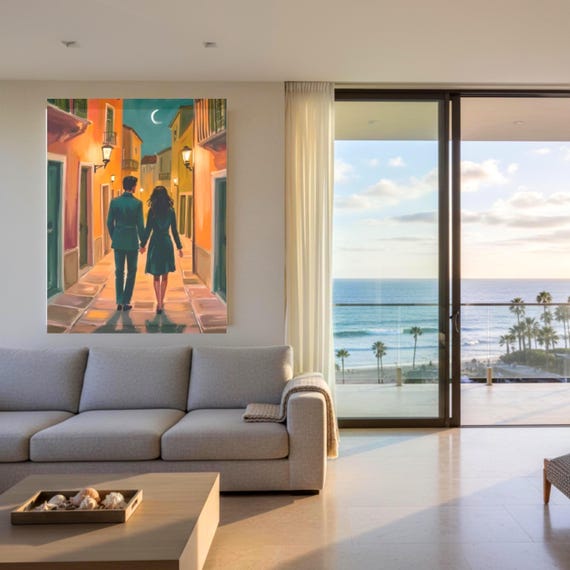 Romantic Couple Artwork Anniversary Gift Wall Art European Street Scene Painting Elegant Walking Celebration Print Large Format Bedroom