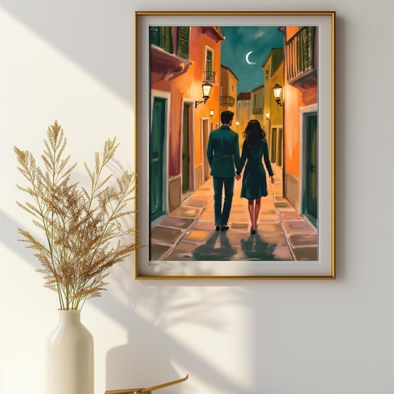 Romantic Couple Night Painting European Street Art Print