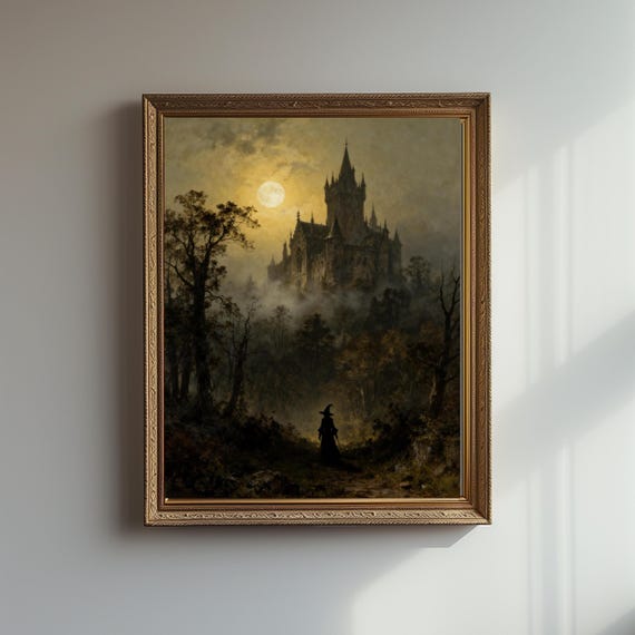 Gothic Witch Castle Print Moonlit Forest Art Digital Download