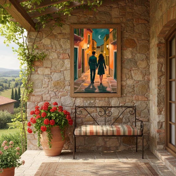 European Street Print Anniversary Gift Wall Art Romantic Couple Walking Painting