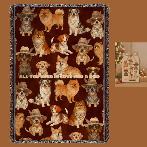 Dog Breeds Throw Blanket Boho Fringe Cotton Polyester Blend