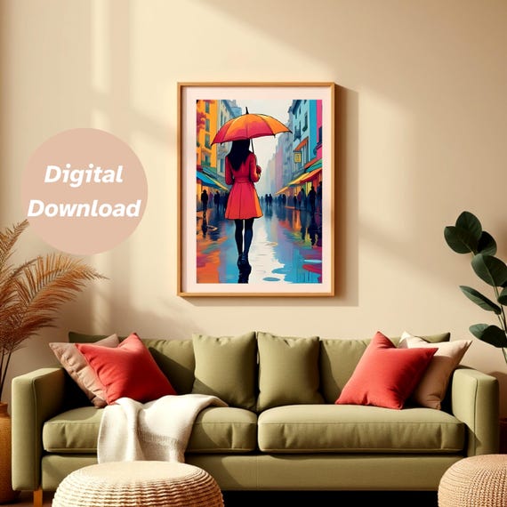Rainy City Art Print Woman in Red Coat with Umbrella Digital Download