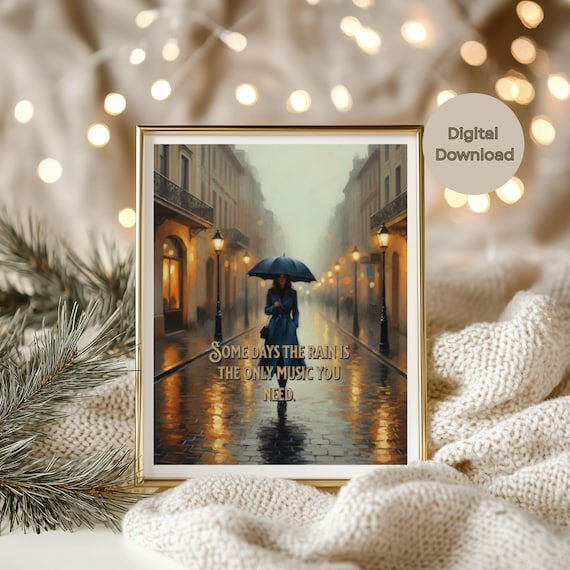 Rain Art Print Digital Wall Decor Umbrella Scene