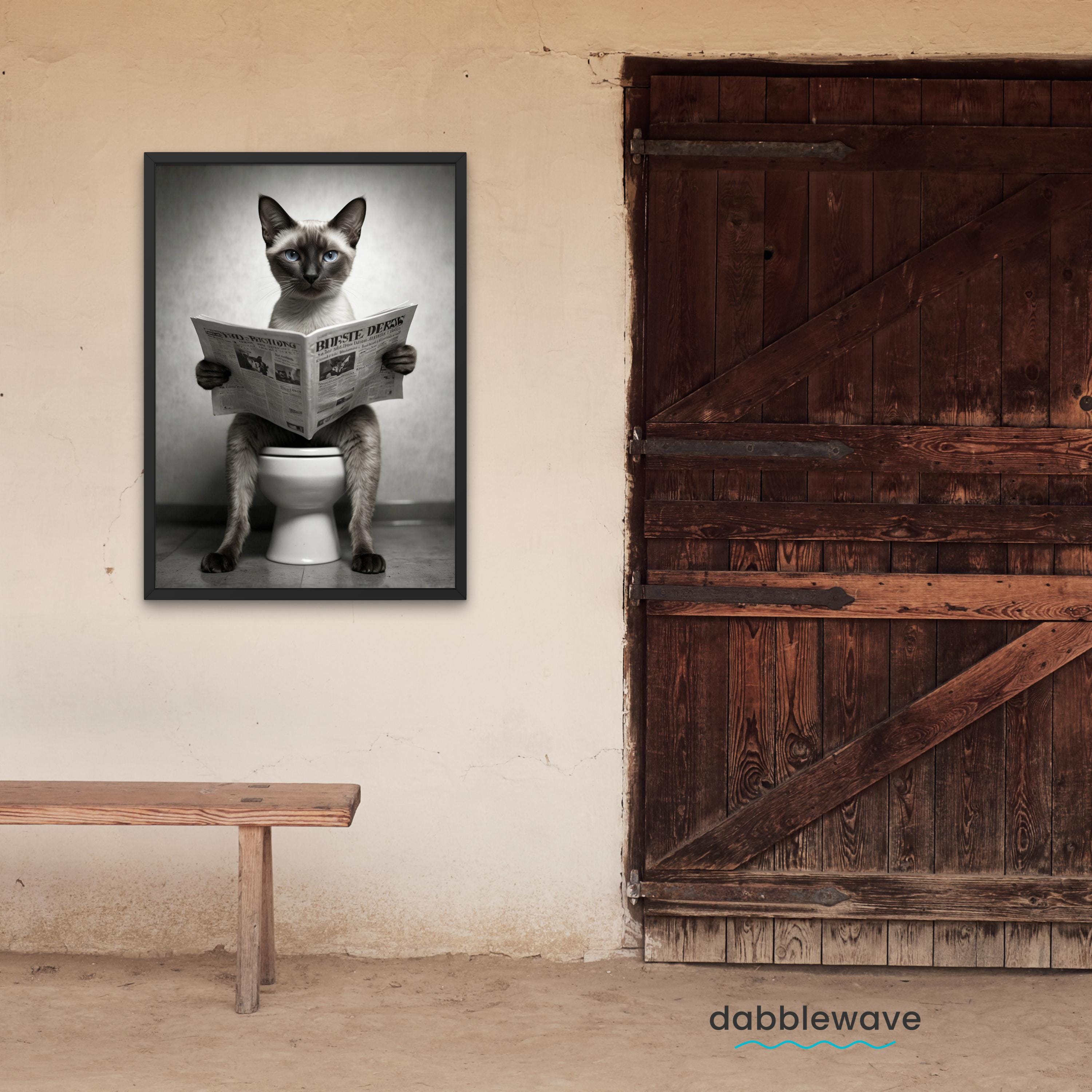 Siamese Cat Reading Newspaper on Toilet Funny Bathroom Wall Art Print ...
