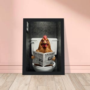 Funny Chicken Sitting on Toilet Reading Newspaper Wall Art, Funny Bathroom Decor, Funny Rustic Bathroom Wall Decor, Animal Bath Time Art
