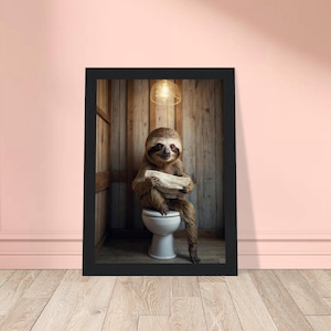 Funny Sloth Bathroom Wall Art Reading Newspaper on Toilet, Lazy Animal Humor Poster, Quirky Woodland Framed or Canvas Decor