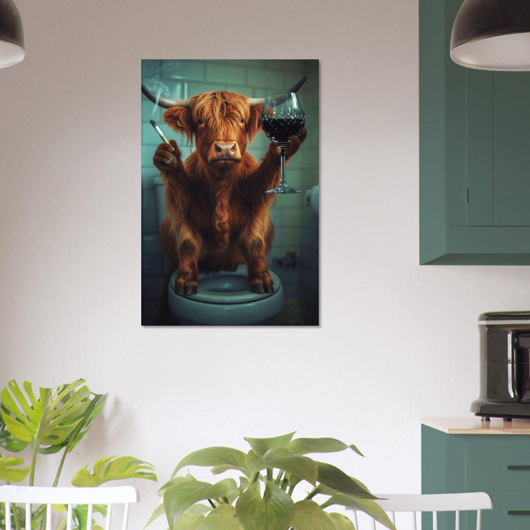 Funny Highland Cow Bathroom Wall Art, Smoking Animal Toilet Print ...