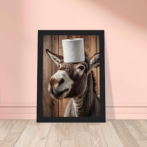 Cheerful Donkey Bathroom Wall Art Toilet Paper on Head,  Farmhouse Humor Poster, Framed Print or Canvas Decor for Powder Room or Loo