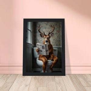 Lustiges Reh Badezimmer Wandkunst, Hirsch liest Zeitung, Vintage Cottage Toilette Dekor