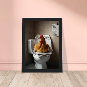 Chicken Sitting on Toilet with Newspapers – Funny Rustic Bathroom Wall Art Print – Farmhouse Hen Throne Poster, Framed Poster and Canvas
