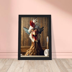 Funny Chicken Bathroom Wall Art with Towel and Toothbrush, Quirky Farm Animal Poster, Rustic Hen Canvas for Farmhouse Bathroom Decor