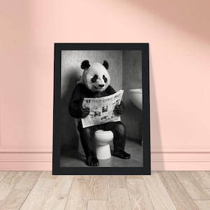Monochrome Panda Reading Newspaper on Toilet – Black and White Funny Bathroom Wall Art – Poster, Framed Poster and Gallery Canvas Print