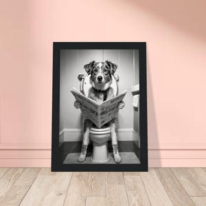 Funny Australian Shepherd on Toilet Reading Newspaper, Funny Bathroom Decor, Rustic Bathroom Wall Decor, Modern Farmhouse Decor Toilet Art