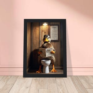 Funny Duck Bathroom Wall Art Reading Newspaper on Toilet, Quirky Rustic Duck Poster, Farmhouse Humor Canvas Print for Guest Toilet Decor