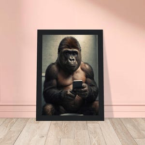 Funny Gorilla on Toilet Using Smartphone Wall Art, Funny Bathroom Decor, Funny Rustic Bathroom Wall Decor, Animal Bath Time Art