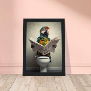Funny Parrot Reading Newspaper on Toilet Wall Art, Macaw on Toilet Wall Art, Funny Rustic Bathroom Wall Decor, Toilet Humor Poster