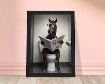 May include: Framed print featuring a horse wearing glasses and reading a newspaper while seated on a toilet. The newspaper is titled "Rides Times". The image is set in a bathroom with a white toilet and sink.