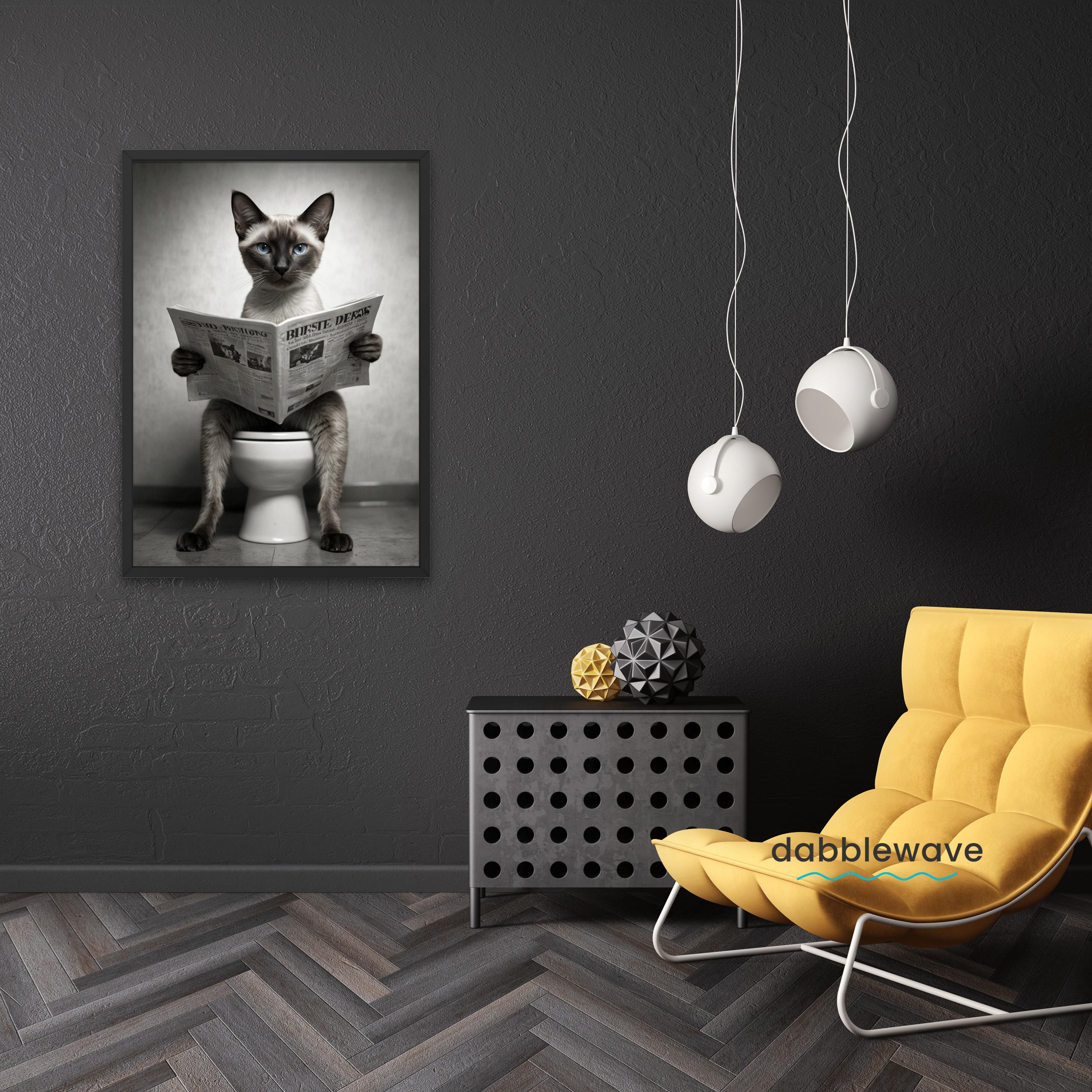 Siamese Cat Reading Newspaper on Toilet Funny Bathroom Wall Art Print ...