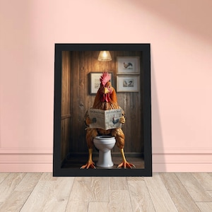 Funny Rooster Bathroom Wall Art Reading Newspaper on Toilet, ustic Chicken Humor Poster, Quirky Farmhouse Canvas Print for Toilet Decor