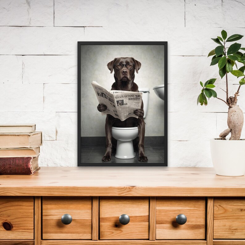 Funny Dog Bathroom Art, Chocolate Lab Reading Newspaper, Toilet Humor ...